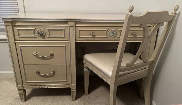 Vintage Thomasville Desk & Chair, 1967, Ivory W/Blue Trim, Mid-Century Modern Vintage Thomasville Desk & Chair, 1967, Ivory W/Blue Trim, Mid-Century Modern