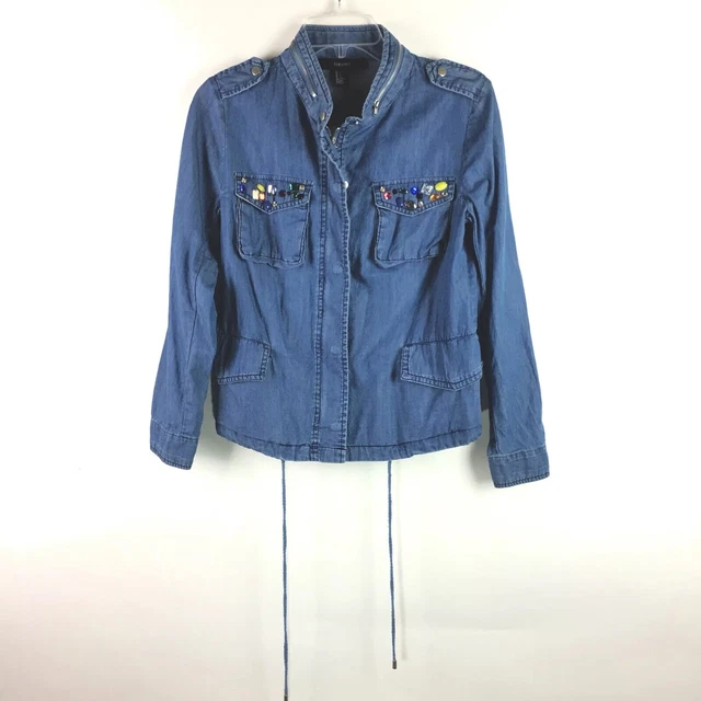 NWT Forever 21 Womens Denim Jacket Size Small Gem Bling Embellished Blue Wash