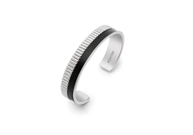 Hoxton Hommes Argent Sterling Épais Cuir Incrustation Bracelet Manchette