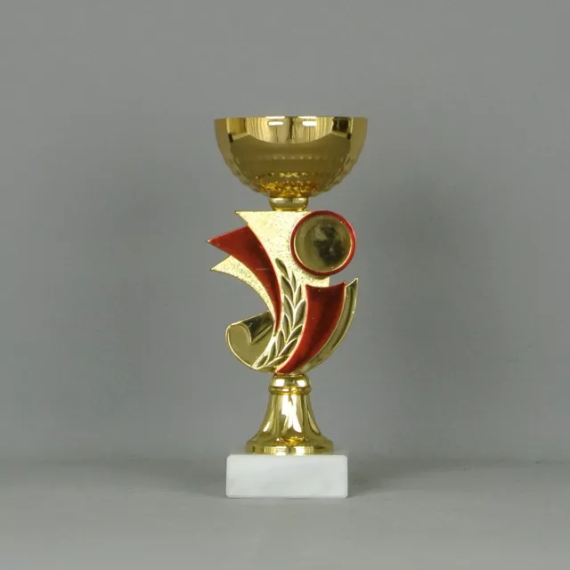Pokal / 17 cm / gold rot / mit Gravur + Emblem / kompl. MONTIERT
