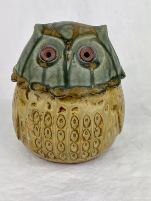 Artisan Owl Ceramic Studio Pottery Coin Piggy Bank MCM Style Blue Brown Glaze