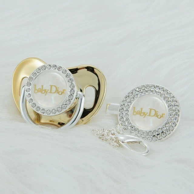 Chupete bebé blanco oro juego de regalo 0-6 meses pedrería cadena niños aspirador