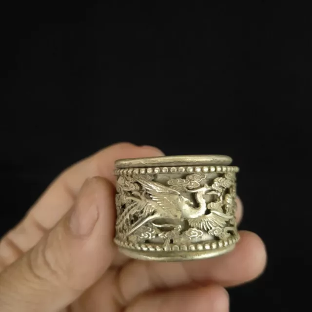 Old Chinese tibet silver handcarved Dragon Phoenix finger Ring Q147 3