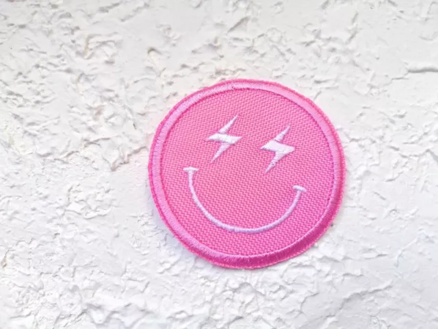 Embroidered Iron on Patch. Pink Smiley Face patch. Lightning Bolt smiley.