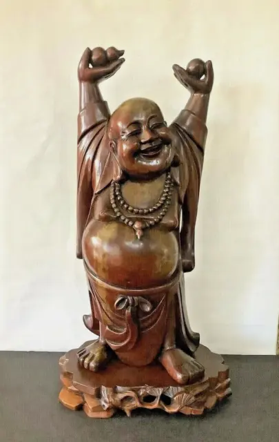 VINTAGE 70’S LAUGHING BUDDHA Chinese Hand Carved Wooden 20”Tall ...