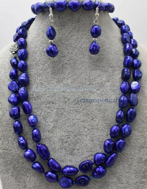 Rare 8-9mm Blue Freshwater Cultured Baroque Pearl Necklace Bracelet Earrings Set