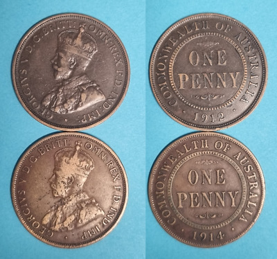 Australia penny pair 1912-H VF 1914(L) Fine - key date!