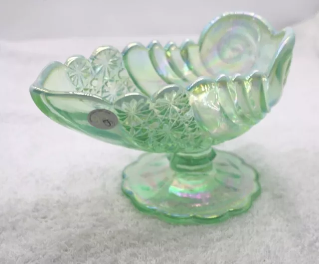 Fenton Green Carnival Glass Shell Comport Vase Bowl Opalescent Collectable