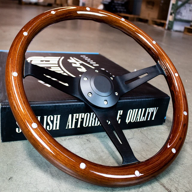 14& MATTE BLACK Steering Wheel Dark Stained Wood Grip with Rivets 158.