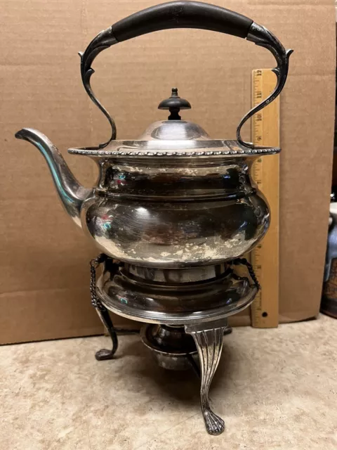 Antique Sheffield England epns Silver Brass Ornate Tea Pot w/stand & Alcohol Pot