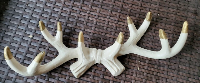 Cast Iron Antler Horns Deer Hunter Bathroom Towel Wall Coat Hooks White Gold Tip
