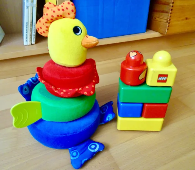 Baby Lego Duplo Primo: Huhn (4 teilig) und Bausteine Rasselstein Klappervogel