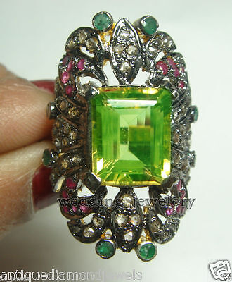 1.10ct Rose Cut Diamond 925 Silver Emerald Ruby Peridot Gemstone Cocktail Ring
