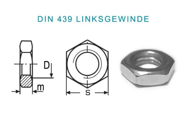 * LINKSGEWINDE Sechskantmuttern DIN 439 BM5  bis BM36 EDELSTAHL A2 niedrige Form