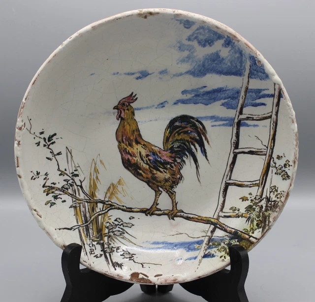 Ancienne Assiette En Faience Decor Au Coq Signature A Identifier