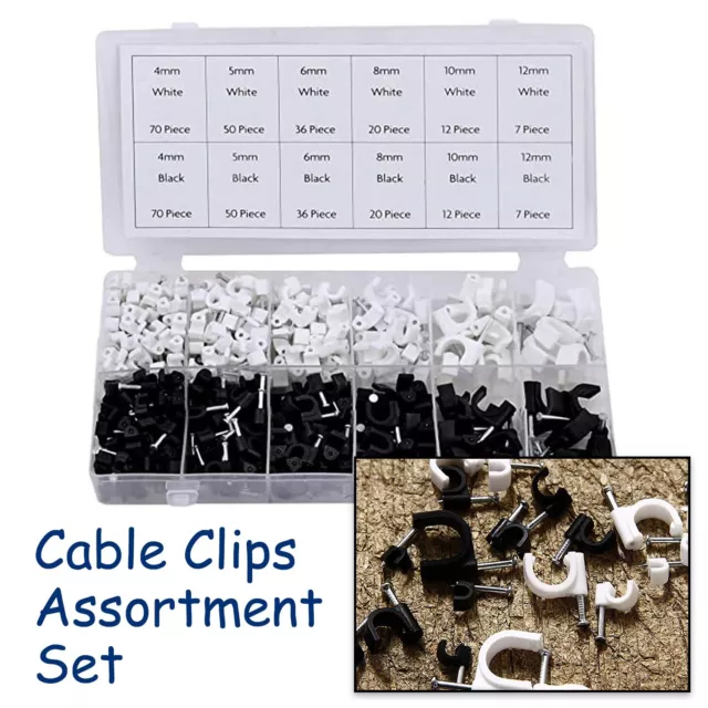 ROUND CABLE 390pcs CLIPS 4-12mm Assorted  Wall Tacks Wire Cord Tidy Holder