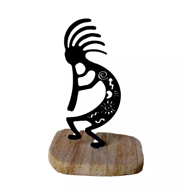 Kokopelli Dancer Metal Art Sculpture Sandstone Base Southwest Decor   4 3/4"