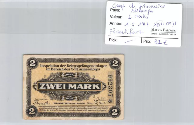 Camp Of Captives Germany - 2 Marks 1/6/1917- XVIII Body Frankfurt 992307