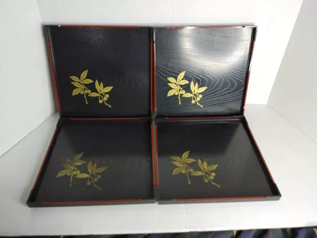 Faux Lacquerware Black Gold Red Asian Motif Cocktail Snack Trays Lot Of 4