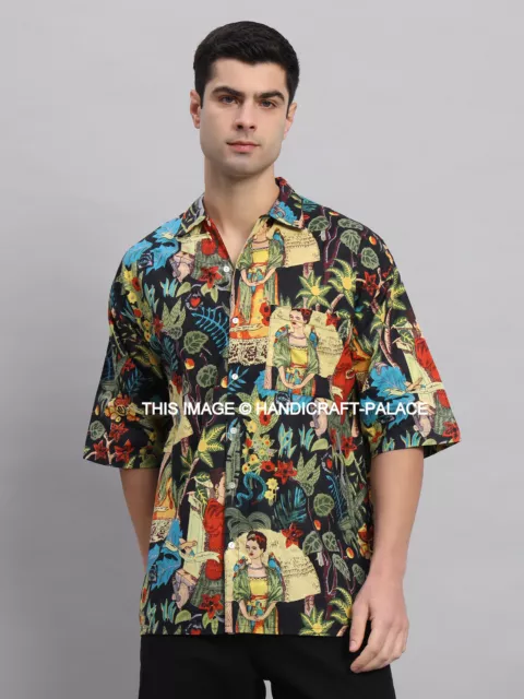 Hombres Manga Corta Fiesta Playa Grande Algodón Camisas Negro Farida Estampado