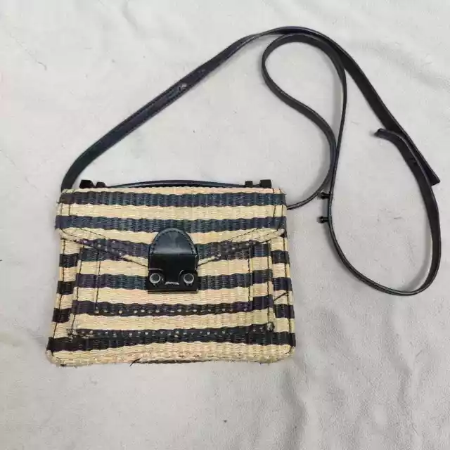 Loeffler Randall Mini Rider Cross-Body Bag Tan Black Stripe Raffia Straw FLAWSw