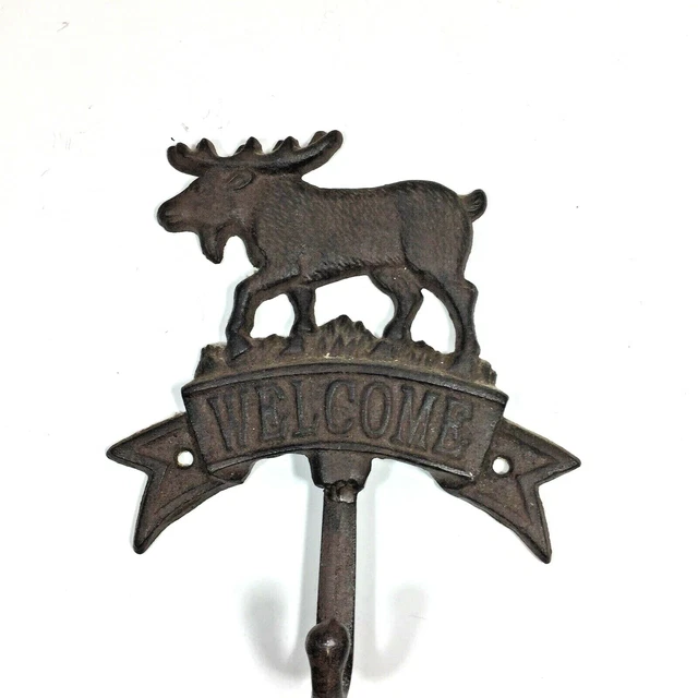 Cast Iron Moose Elk Welcome Hook Coat Hat Wall Hanging Mud Room - 7.75" x 6.5"