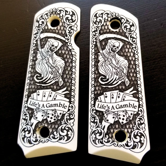 Colt 1911 Custom Ivory Scrimshaw Grips – Grim Reaper Skull With Cards And Dice