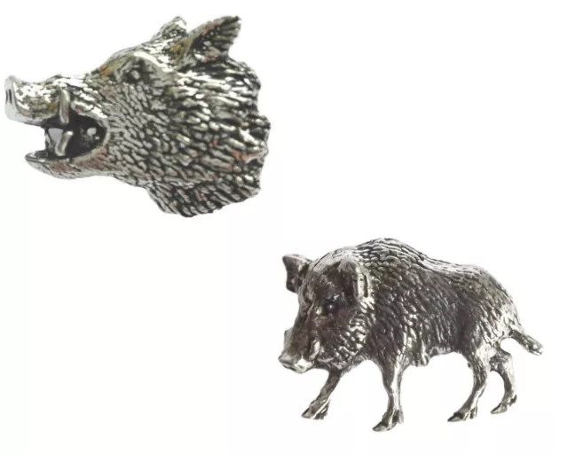 Conjunto De 2 Jabalí Cabeza & Boar Artesanal Peltre Inglés Pin Insignia Tsb A48,