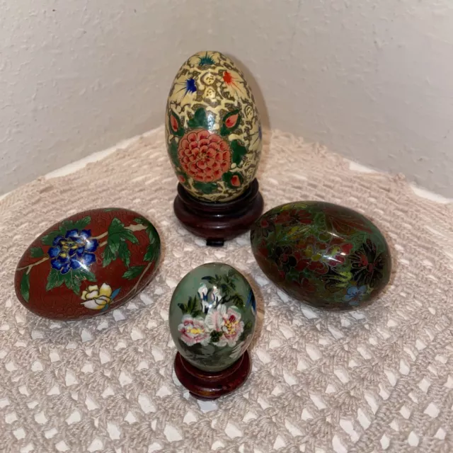 EGGS Cloisonné Brass Enamel Wood Jade Hand Painted 2 Stands Lot Of 4 Vintage