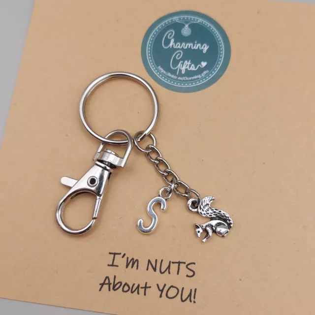 Squirrel Keyring, Tibetan Silver Gift, Personalised with an Initial Charm.