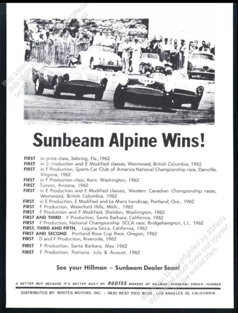 1962 Sunbeam Alpine race cars photo & results list vintage print ad