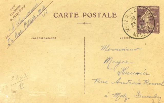 Carte postale 236 CP2 - cachet Metz r. Lafayette 23-1-37 Moselle