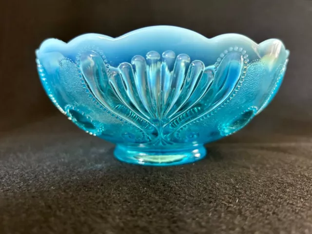 Antique Vintage Jefferson Opalescent Blue Beaded Jewel & Fan Glass Bowl