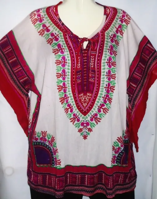 Advance Womens Top Shirt Dashiki Loose Long Free Size Fits 1X 2X White Red