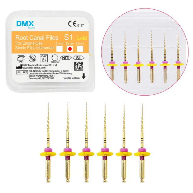 DMX Dental Endodontic NITI Rotary Root Canal Files Gold Taper S1 25mm 6 Pcs/Pack
