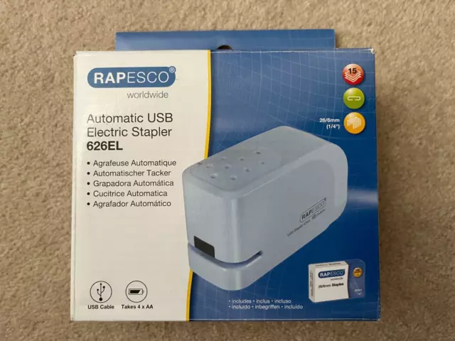 Rapesco 626El Automatic USB/Battery Electric Stapler, 15 Sheets, Blue - New