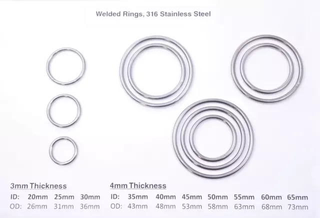 Geschweißte O-Ringe aus Metall 316 (A4 Marine) Edelstahlringe, 20 mm-94 mm