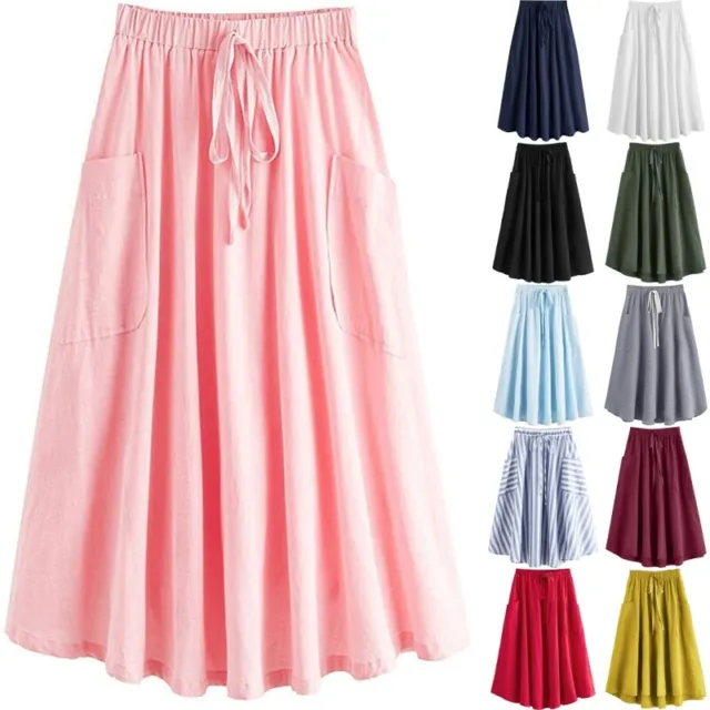 Girls Pleated Skirt Cotton Linen Ladies With Pockets Elastic Waist Beach A-line