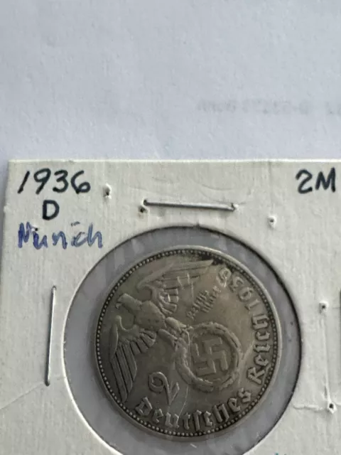 1936 D 2 Mark German Silver WWII 3rd Reich  Reichsmark Coin