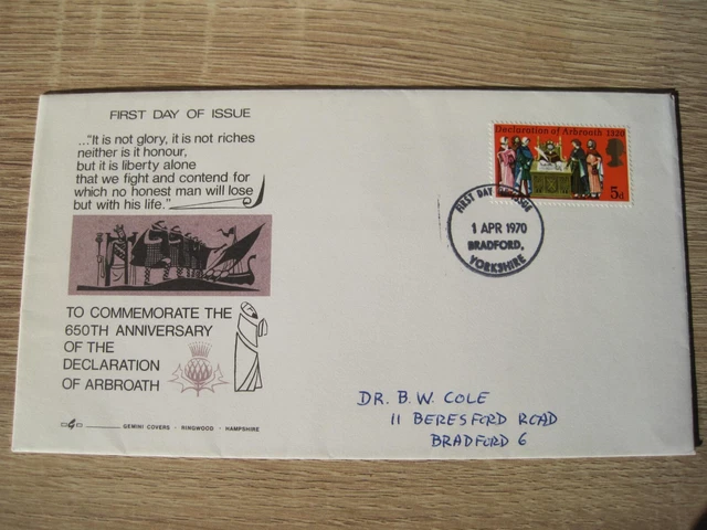 GB.SG 819 5d. Anniv's. ...1969 FDC. pm. Bradford (Arbroath themed envelope)