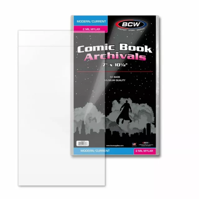 50 - Archivals Modern / Current 2-Mil Mylar Polyester Comic Book Bags by BCW! 2