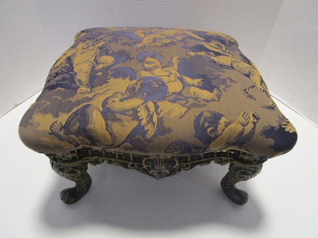 Vtg Victorian Style Ornate Cast Iron Foot Stool blue gold cherubs Angels Fabric