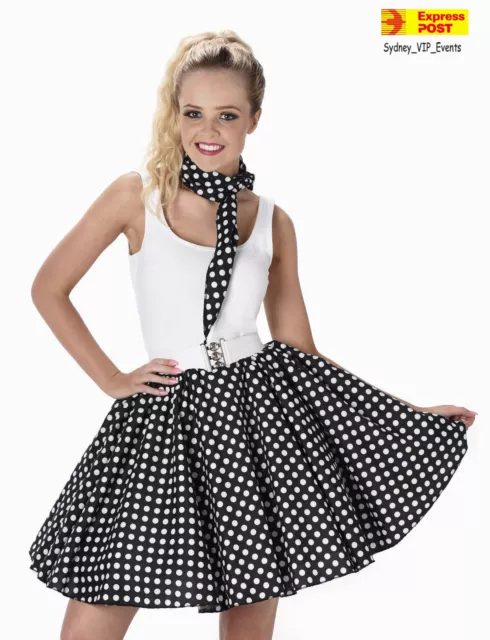 Ladies 1950s Black Polka Dot Skirt & Necktie 50s Adult Fancy Dress Costume Party