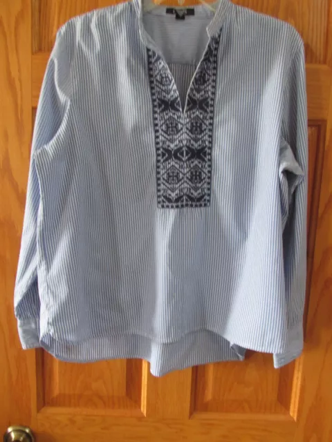 Chaps Blouse Embroidered Top Blue White Stripe Long Sleeve Pullover    SZ XL