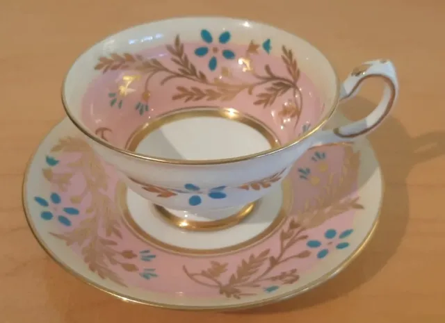 Grosvenor Bone China Tea Cup And Saucer Floral Pink Cream And Gold With Blue