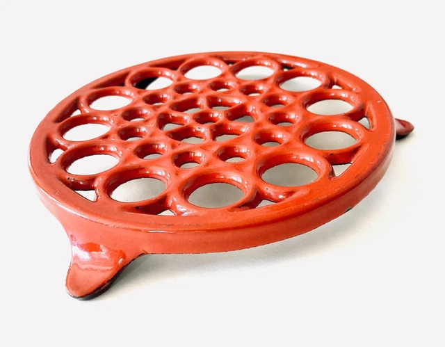 Vintage French Red Cast Iron Trivet Enameled Hot Plate Pot Farmhouse Geometric 6