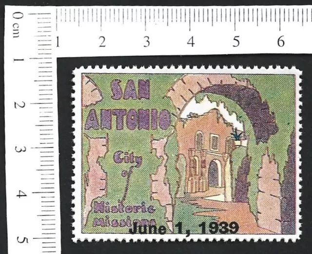 US 1939 vintage poster stamp SAN ANTONIO HISTORIS MISSIONS