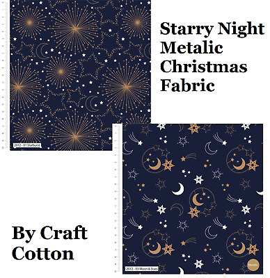 Craft Cotton Christmas Starry Night Metallic Navy FQ 1/2m moon stars burst