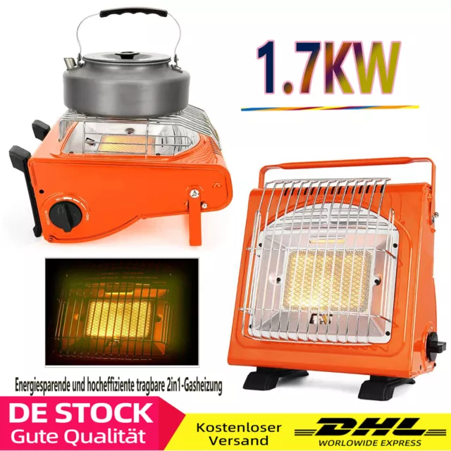 2in1 Tragbare Gasheizung 1,7KW Camping Gaskocher Propan-Butan Gasheizung Keramik