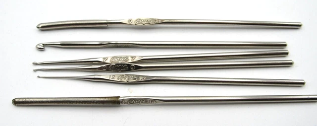 6 Pc. VTG  Boye Metal Crochet Hook Needles Sizes 0 0 7 9 12 14 MADE USA